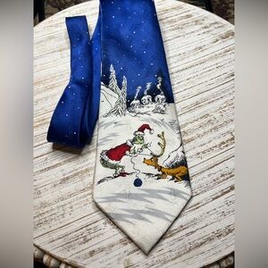 1996 silk Dr. Seuss Grinch Christmas Blue White Tie Made in Korea